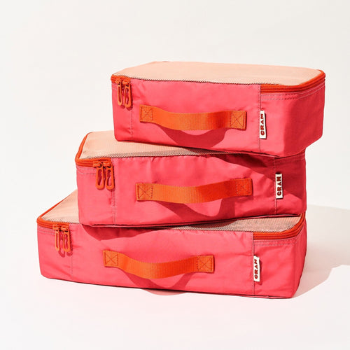 Bloom pink Cram packing cubes, set of 3, stacked