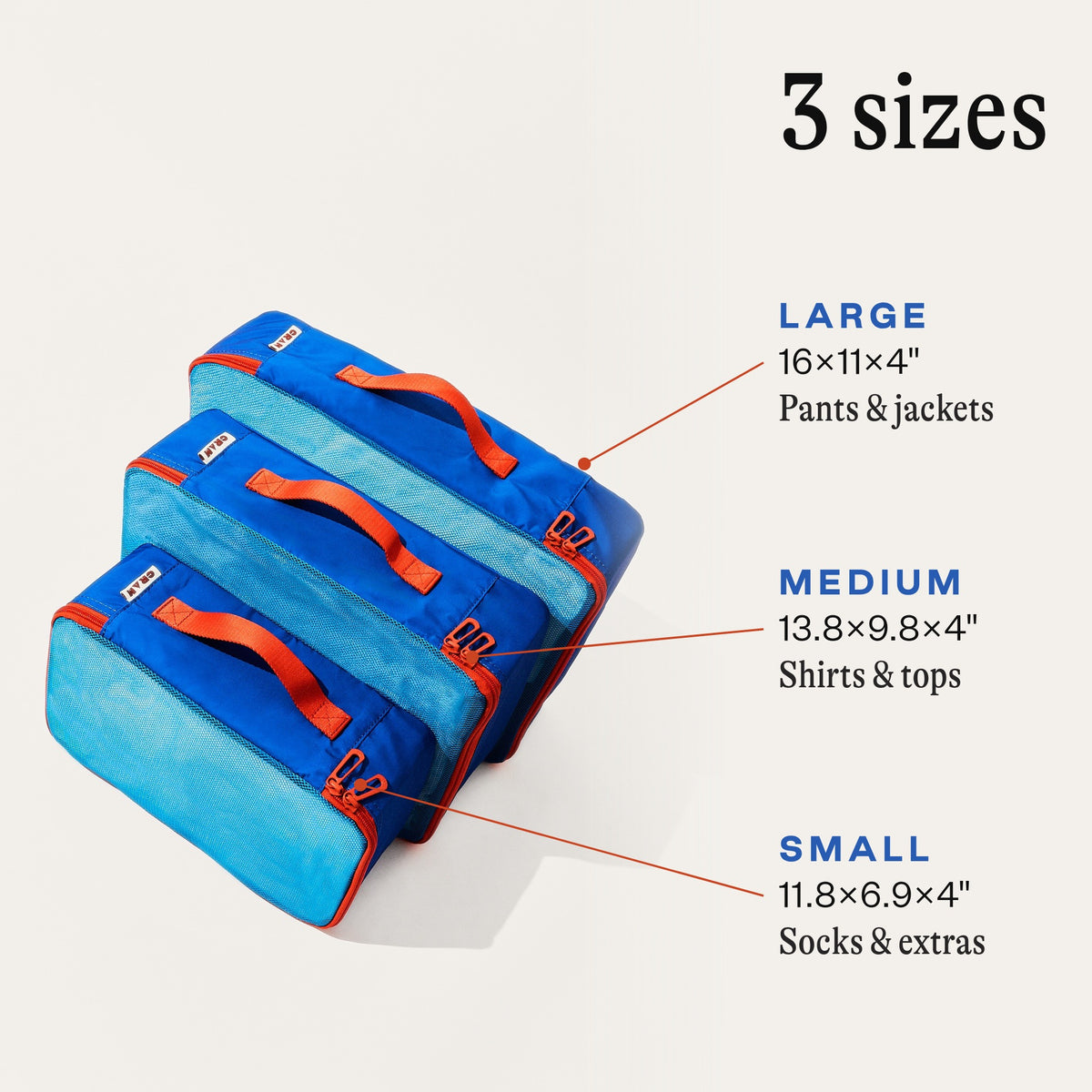 Pacific blue Cram packing cube sizes: large 16 x 11 x 4 inches for pants and jackets, medium 13.8 x 9.8 x 4 inches for shirts and tops, small 11.8 x 6.9 x 4 inches for socks and extras