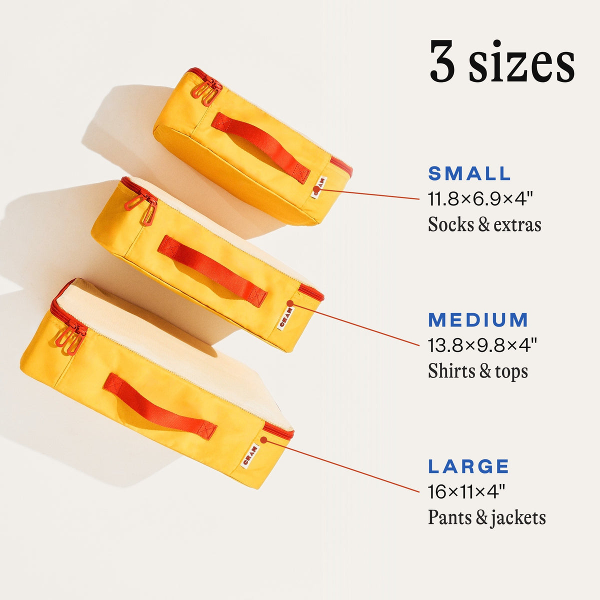 Sunrise yellow Cram packing cube sizes: large 16 x 11 x 4 inches for pants and jackets, medium 13.8 x 9.8 x 4 inches for shirts and tops, small 11.8 x 6.9 x 4 inches for socks and extras