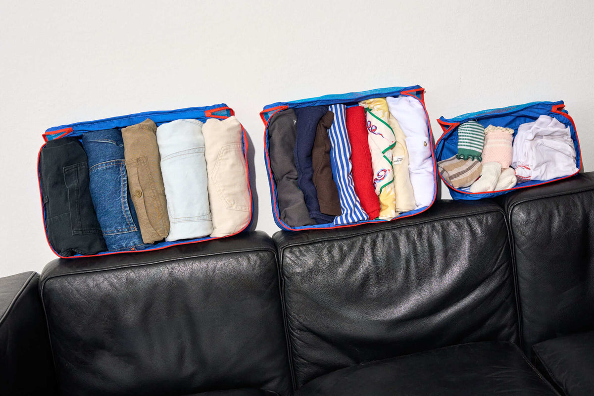 Clothes for a three-day trip sorted into Cram packing cubes